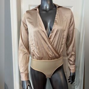 Satin-Look Open Front Wrap Long Sleeve Sexy Bodysuit in Blush Pink / Beige